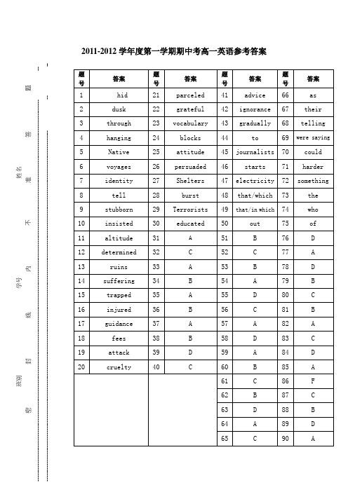 11-12学年度高一第一学期英语参考答案