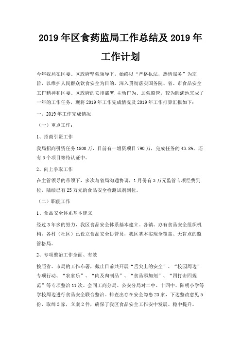 最新-2019年区食药监局工作总结及2019年工作计划 精品