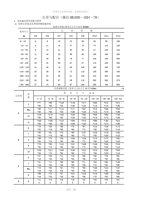 公差与配合标准表