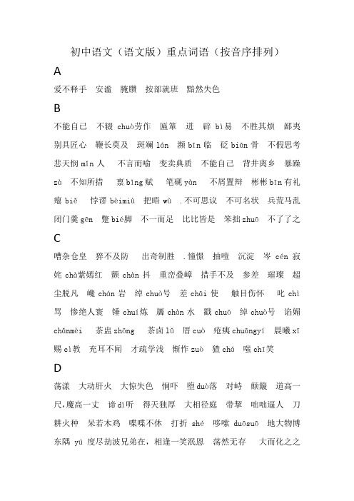 初中语文语文版重点词语安音序排列docx