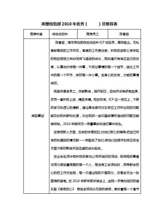 优秀检验员推荐表