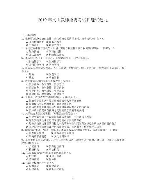 2019年文山教师招聘考试押题试卷九