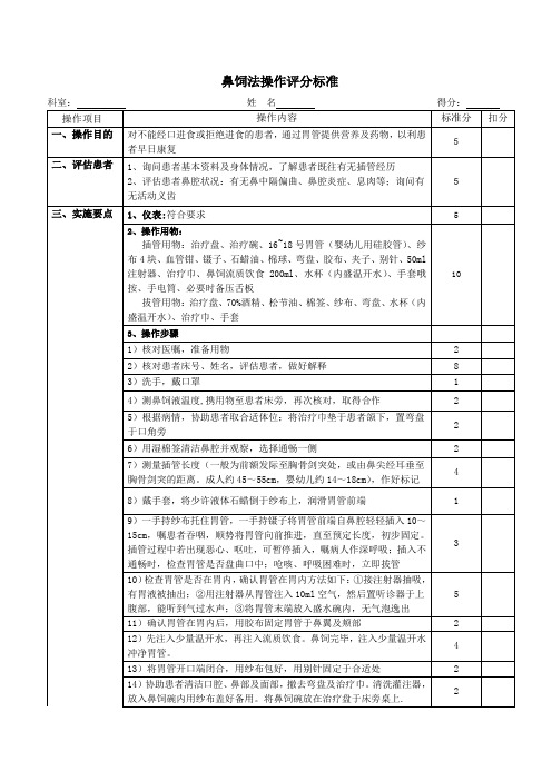 鼻饲技术评分标准