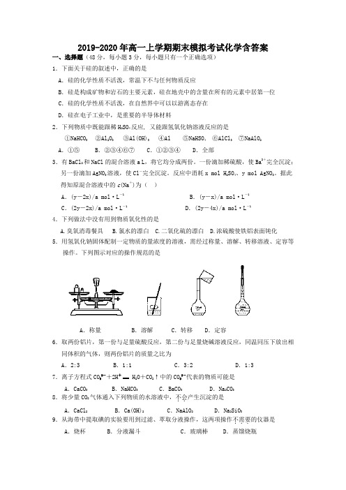 2019-2020年高一上学期期末模拟考试化学含答案