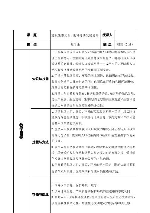 部编人教版初中九年级上册道德与法治《第六课建设美丽中国：正视发展挑战》优质课教学设计_1