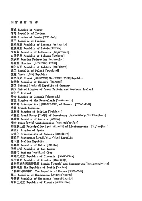 欧洲各个国家中英文对照带音标