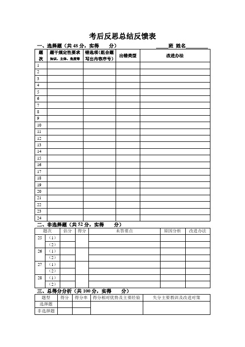 考后反思反馈表