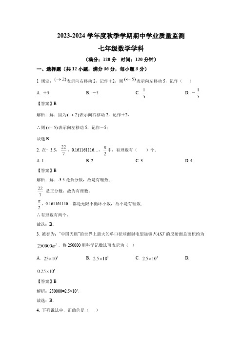 广西南宁市第三中学2023-2024学年七年级上学期期中学业质量监测数学试卷(含解析)