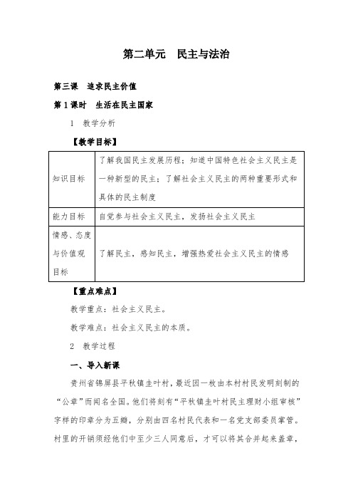 2019人教版道德与法治九年级上册生活在民主国家公开课教案教学设计