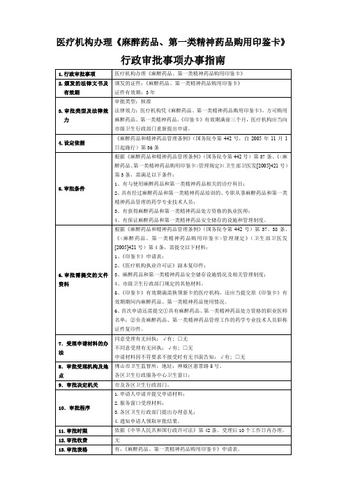 医疗机构办理《麻醉药品、第一类精神药品购用印鉴卡》