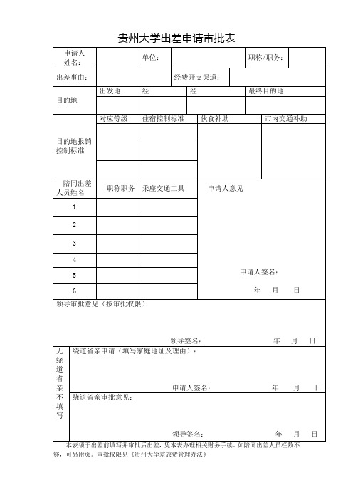 贵州大学出差申请审批表