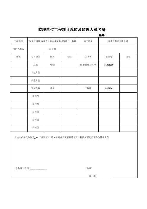 监理单位工程项目总监及监理人员名册