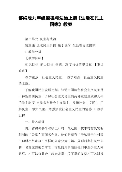 部编版九年级道德与法治上册《生活在民主国家》教案