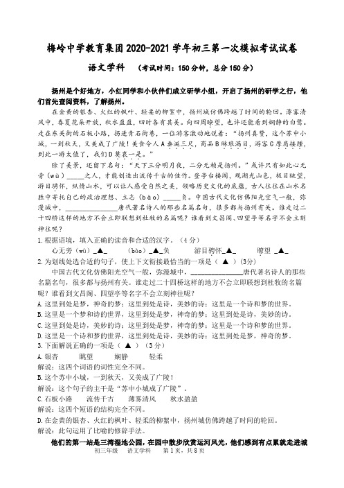 江苏省扬州市梅岭中学2020-2021九年级第一次模拟考试语文【试卷+答案】