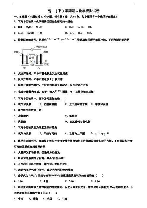 2019-2020学年福建省莆田市新高考高一化学下学期期末考试试题