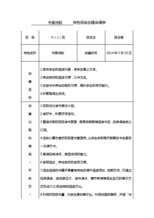 601书香诗韵 特色班级创建申请表 2