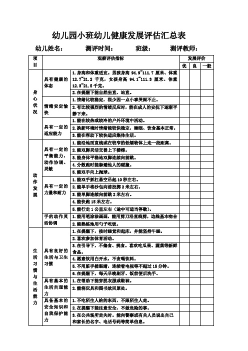 幼儿园五大领域——幼儿园小班幼儿健康领域发展评估表