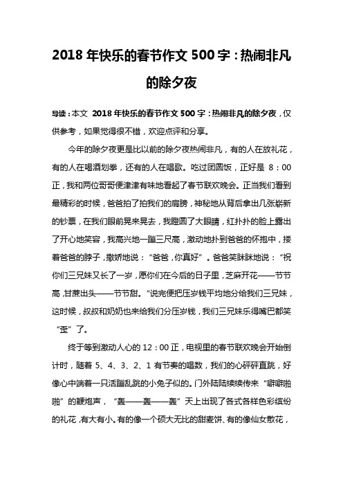 2018年快乐的春节作文500字：热闹非凡的除夕夜