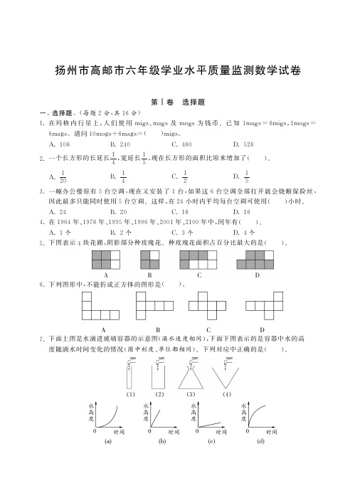 扬州市高邮市六年级学业水平质量监测数学试卷(小升初密卷)【附答案】