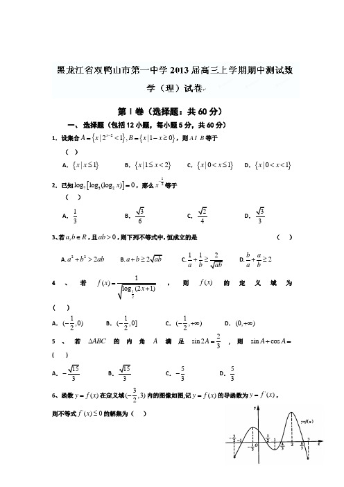 黑龙江省双鸭山市第一中学2013届高三上学期期中测试数学(理)试题(附答案)