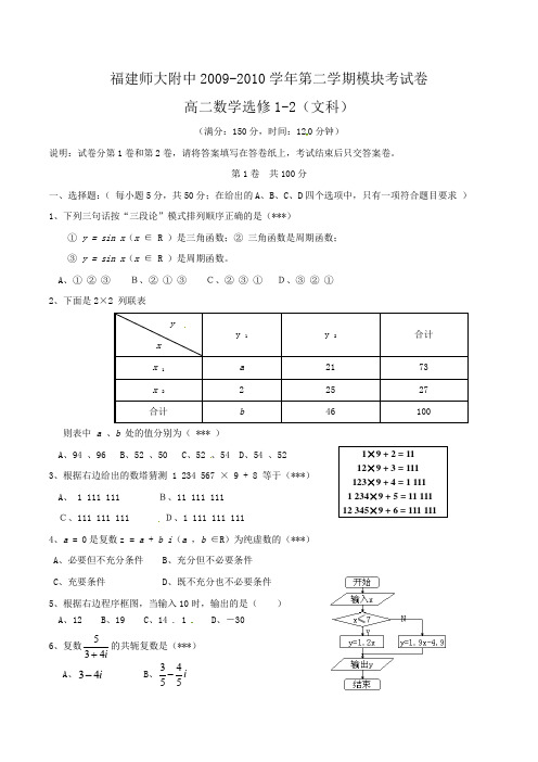 福建省师大附中2009-2010学年高二下(选修1-2)