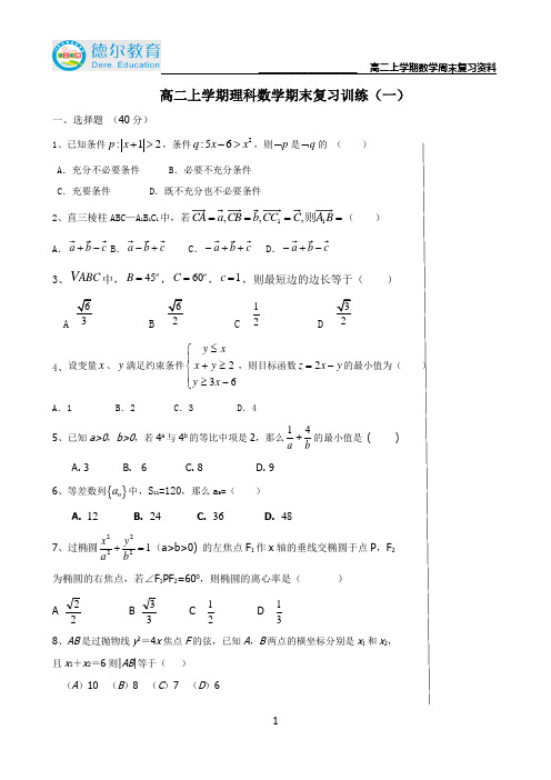 高二上学期期末复习训练1