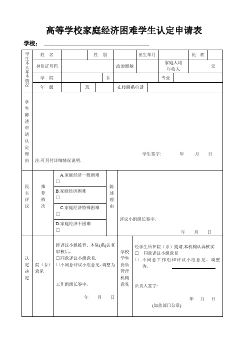 空表——家庭经济困难学生认定申请表