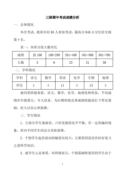 高二三班级期中考试成绩分析