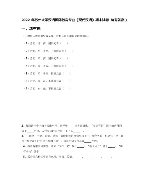 2022年苏州大学汉语国际教育专业《现代汉语》期末试卷B(有答案)