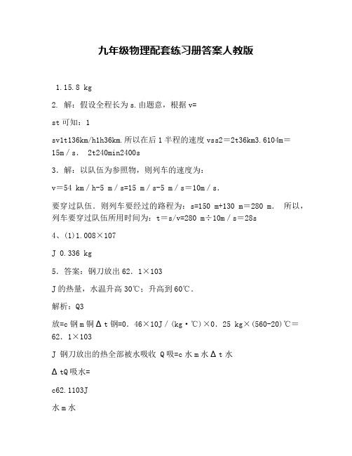 九年级物理配套练习册答案人教版