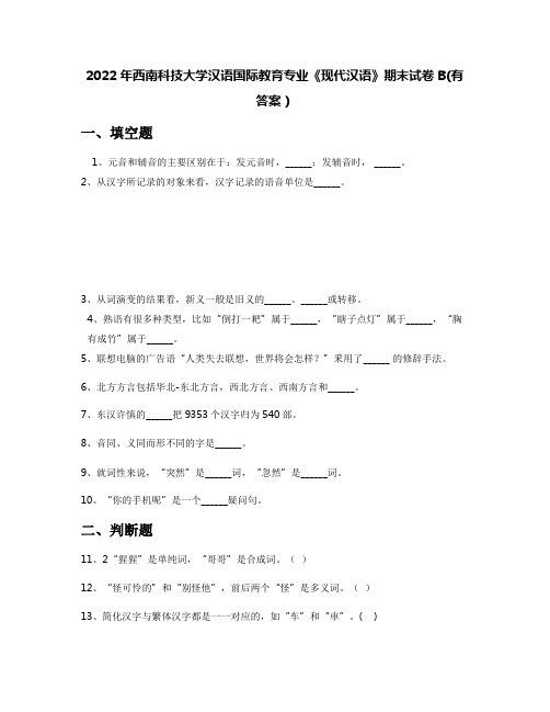 2022年西南科技大学汉语国际教育专业《现代汉语》期末试卷B(有答案)