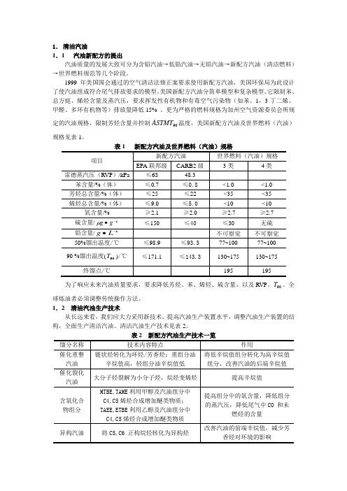 1.清洁汽油1.1汽油新配方的提出汽油质量的发展大致可分为含铅