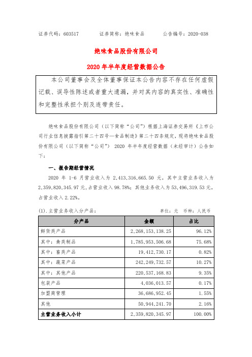 绝味食品：关于2020年半年度经营数据公告