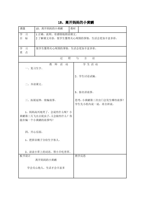 一年级语文下册第五单元18《离开妈妈的小黄鹂》教案语文A版