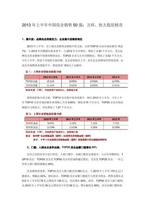 2013年上半年中国房企销售50强