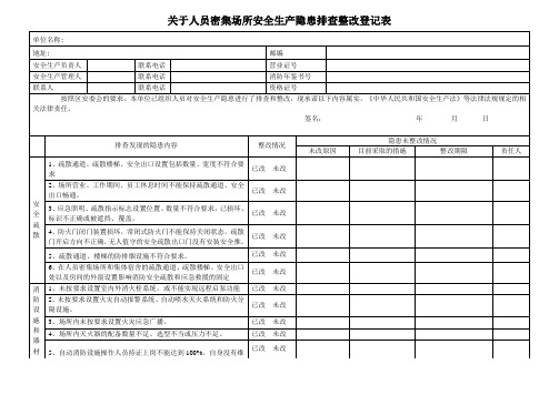 关于人员密集场所安全生产隐患排查整改登记表