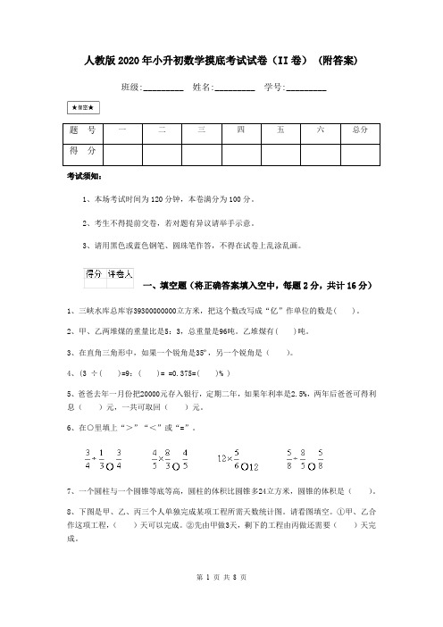 人教版2020年小升初数学摸底考试试卷(II卷) (附答案)