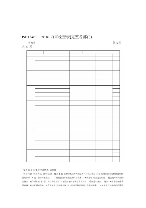 ISO13485：2016内审检查表完整各部门