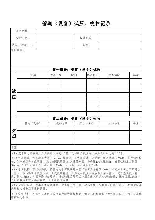 管道(设备)试压、吹扫记录