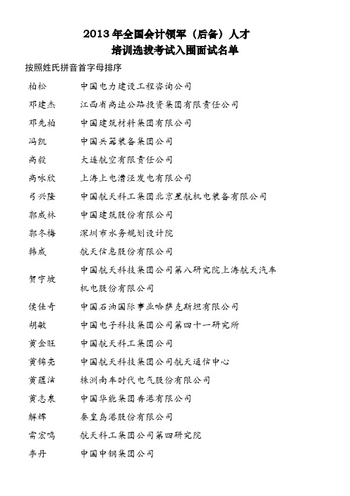 2013年全国会计领军选拔面试入围名单doc