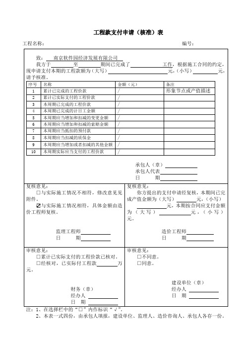工程款支付申请(批准)表2019版
