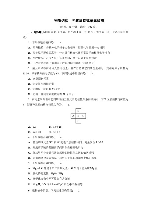 化学人教版必修2第一章物质结构元素周期律单元检测 Word版含解析