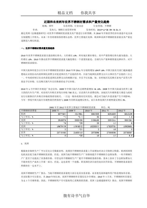 近期和未来两年世界不锈钢材需求和产量变化趋势20101126