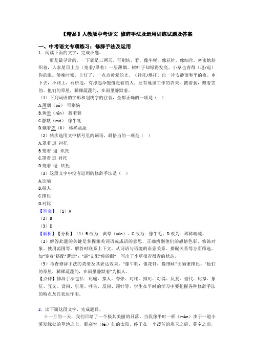 【精品】人教版中考语文 修辞手法及运用训练试题及答案