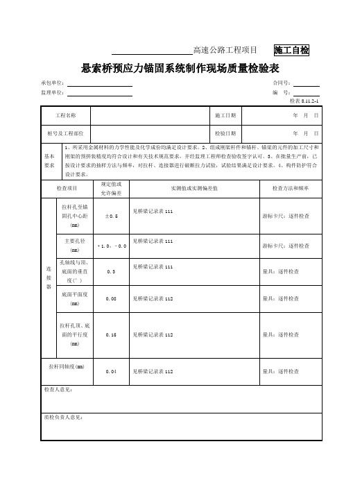 75-悬索桥预应力锚固系统制作现场质量检验表(检表8.11.2-1)