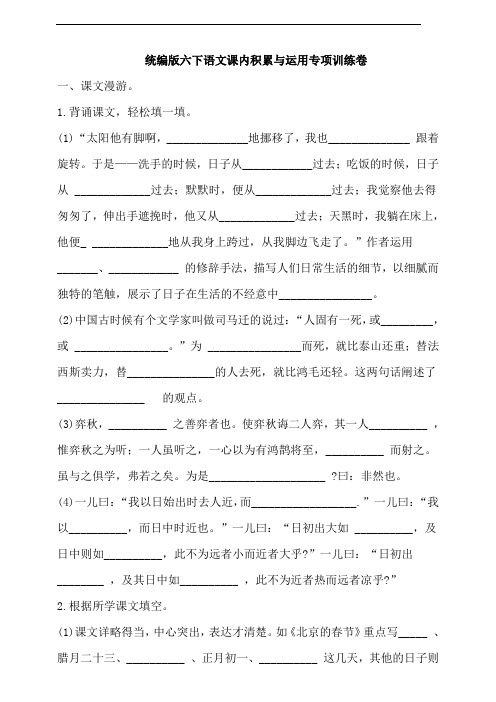 部编版语文六年级下册  课内积累与运用训练卷(含答案)