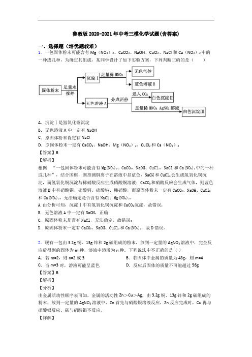 鲁教版2020-2021年中考三模化学试题(含答案)