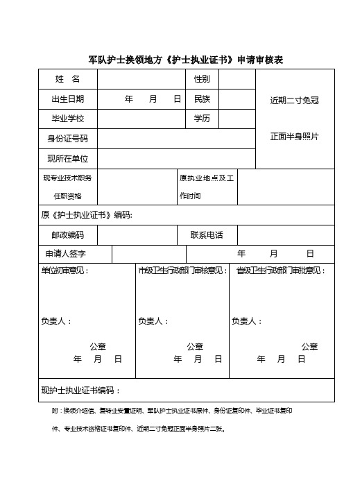军队护士换领地方《护士执业证书》申请审核表