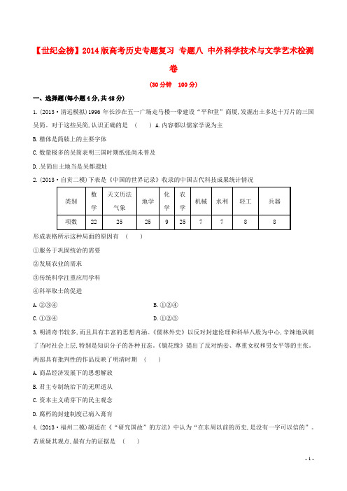 高考历史专题复习 专题八 中外科学技术与文学艺术检测