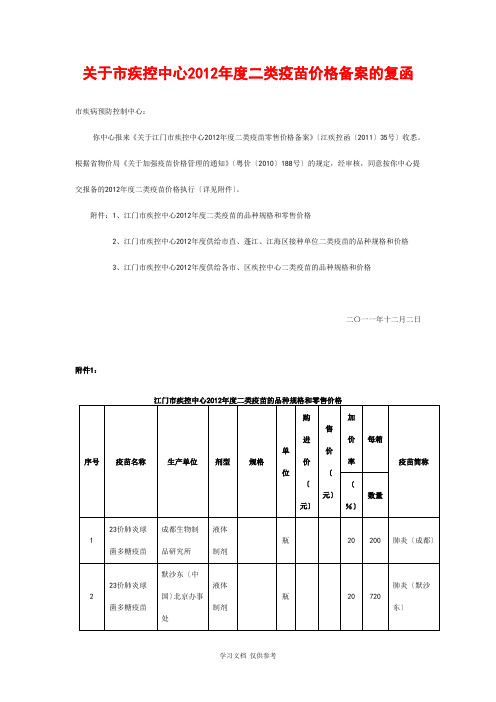 关于市疾控中心2012年度二类疫苗价格备案的复函